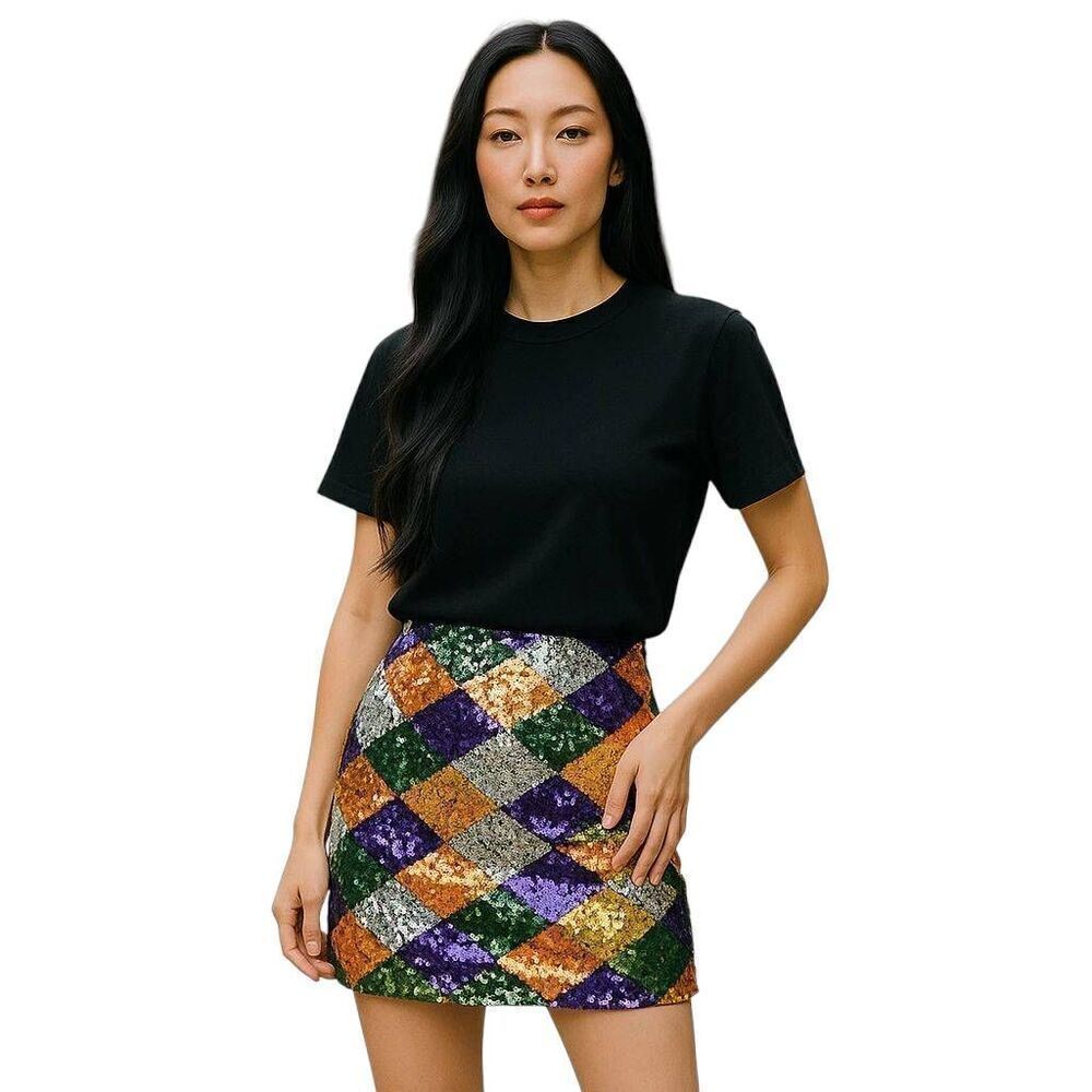Multi Color Sequin Diamond Pattern Stretch Mini Skirt